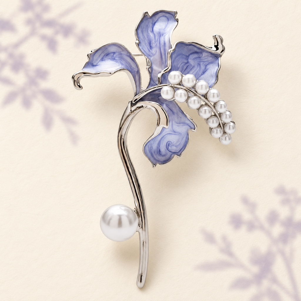 Enamel Ruffled Flower with Pearl-Look Beads Brooch — styled background