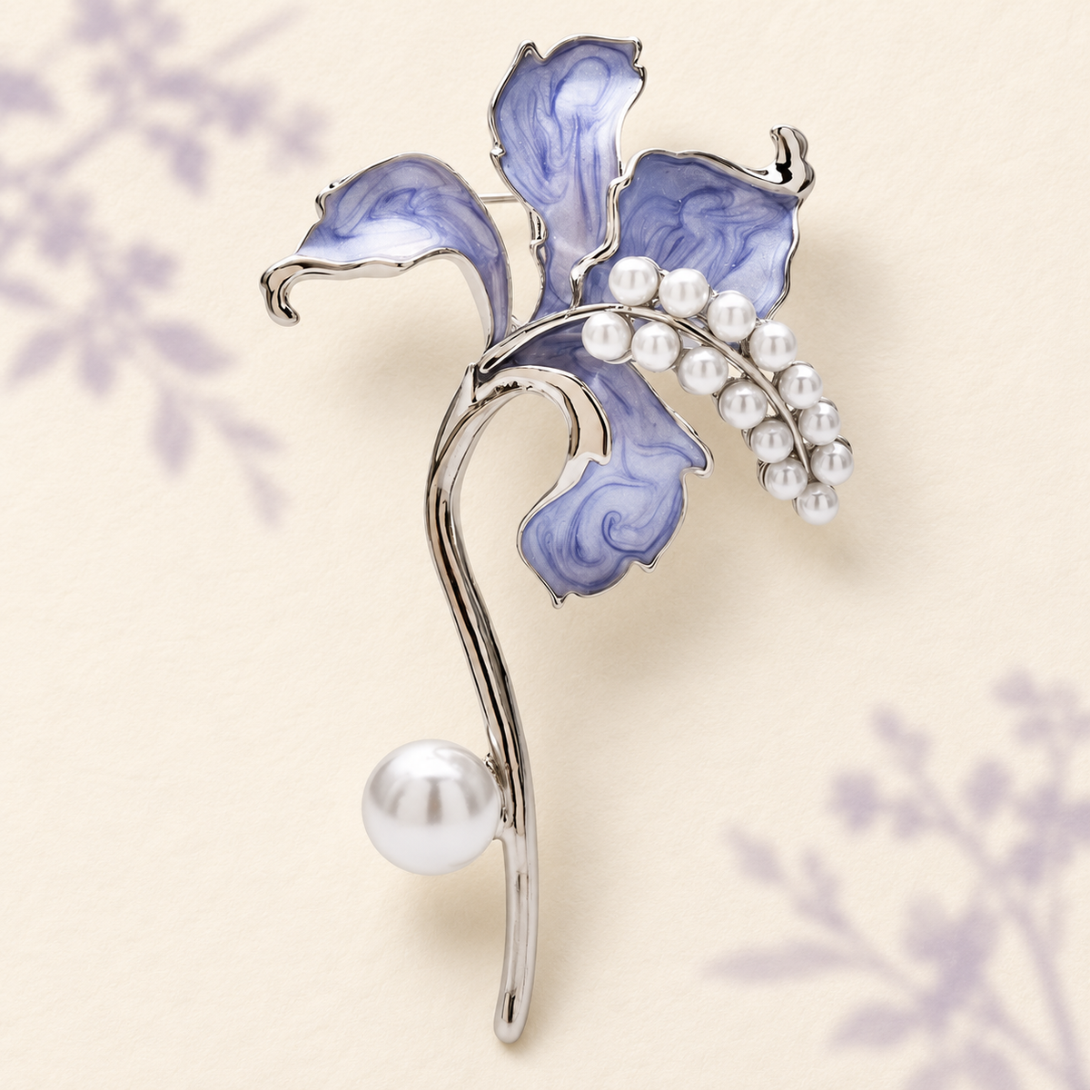 Enamel Ruffled Flower with Pearl-Look Beads Brooch — styled background