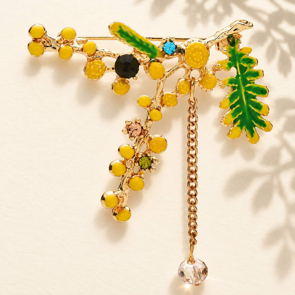 Yellow Mimosa Branch with Dangling Stone Brooch — styled background
