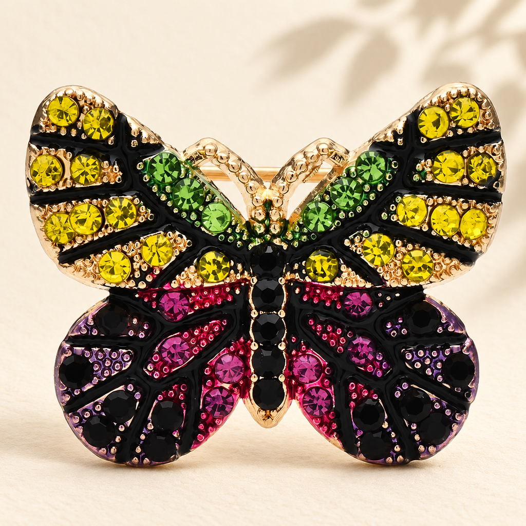 Petite Multicolor Rhinestone Butterfly Brooch — styled background