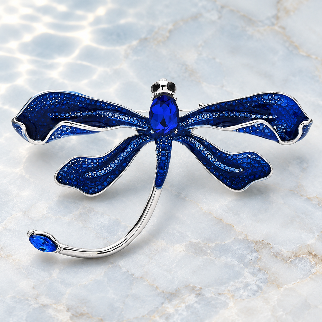 Enamel Dragonfly with Curved Tail Brooch — styled background