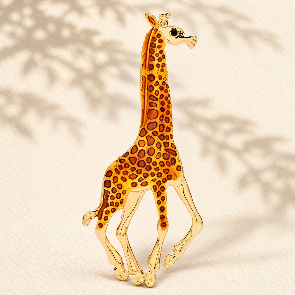 Walking Enamel Giraffe Brooch — styled background