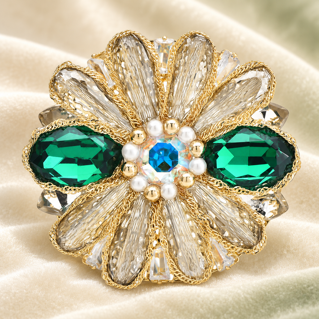 Faceted Daisy Flower Brooch — styled background