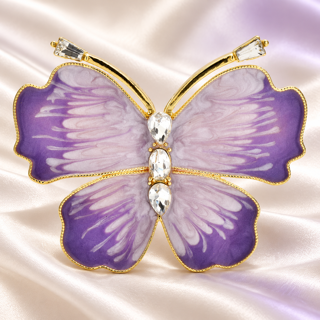 Soft Enamel Butterfly with Sparkling Body Brooch — styled background