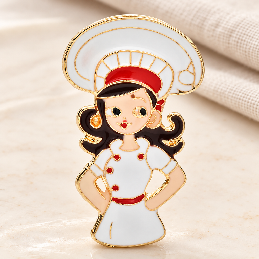 Smiling Enamel Chef Brooch — styled background