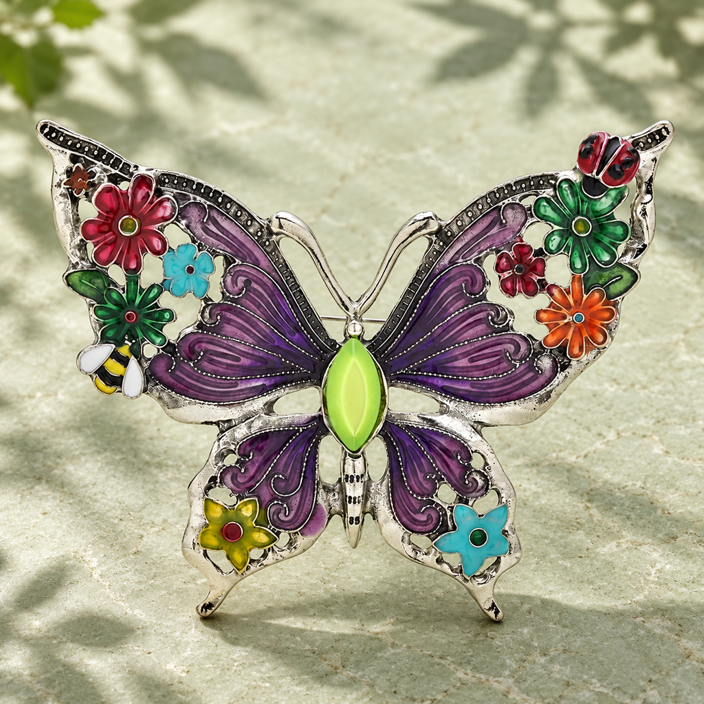 Vintage-Style Floral Enamel Butterfly Brooch — styled background