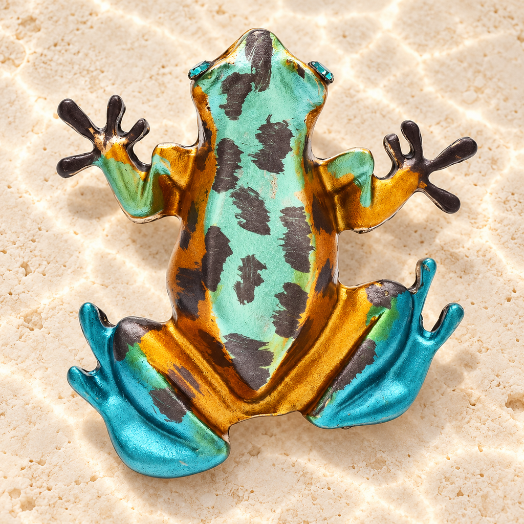 Turquoise Spotted Frog Brooch — styled background