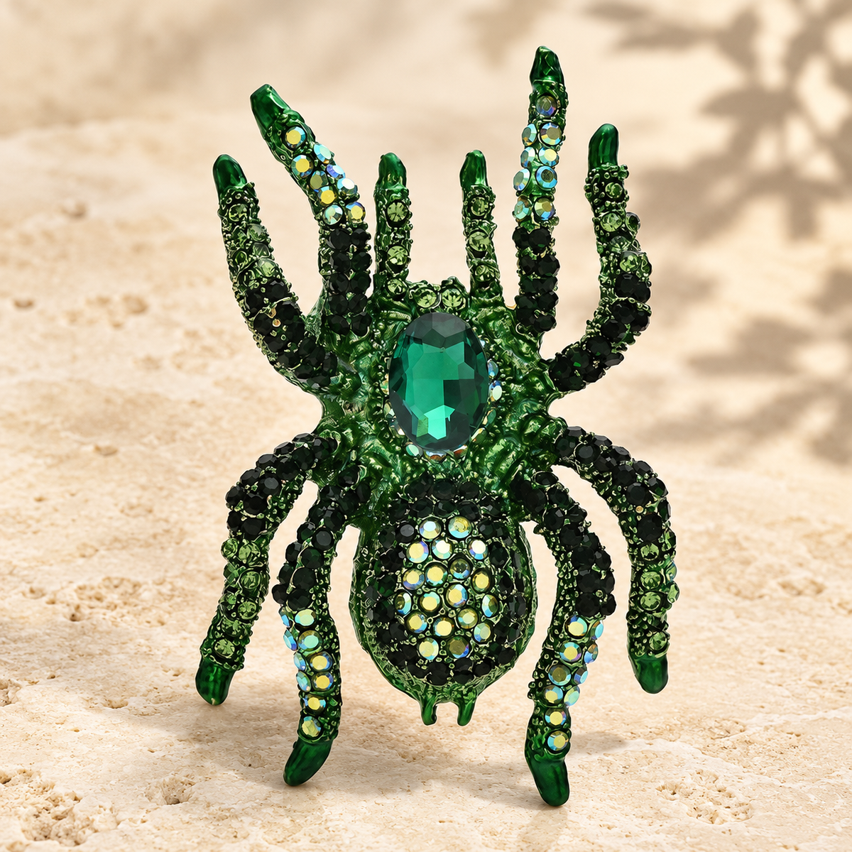 Oversized Rhinestone Spider Brooch — styled background