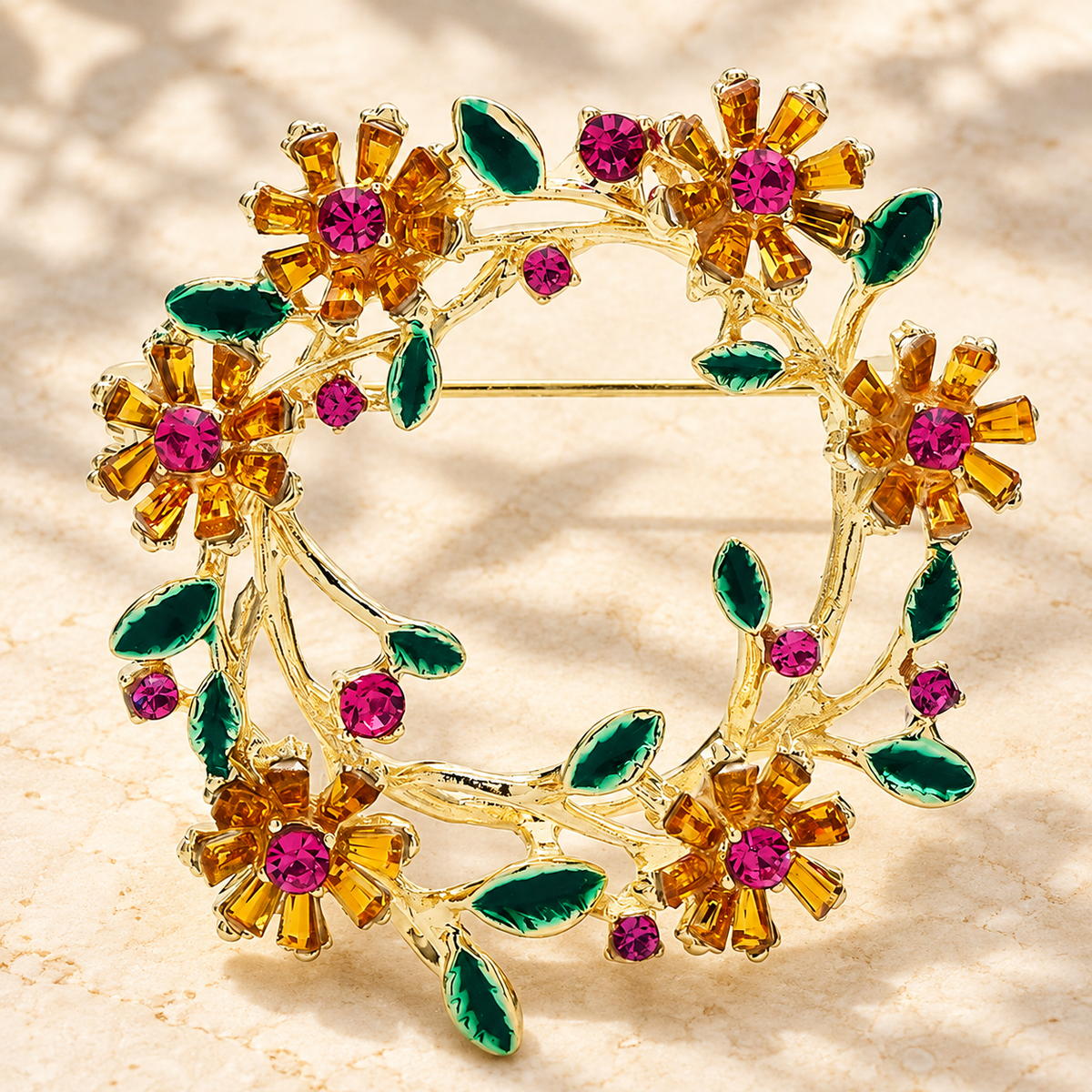Colorful Floral Wreath Brooch — styled background