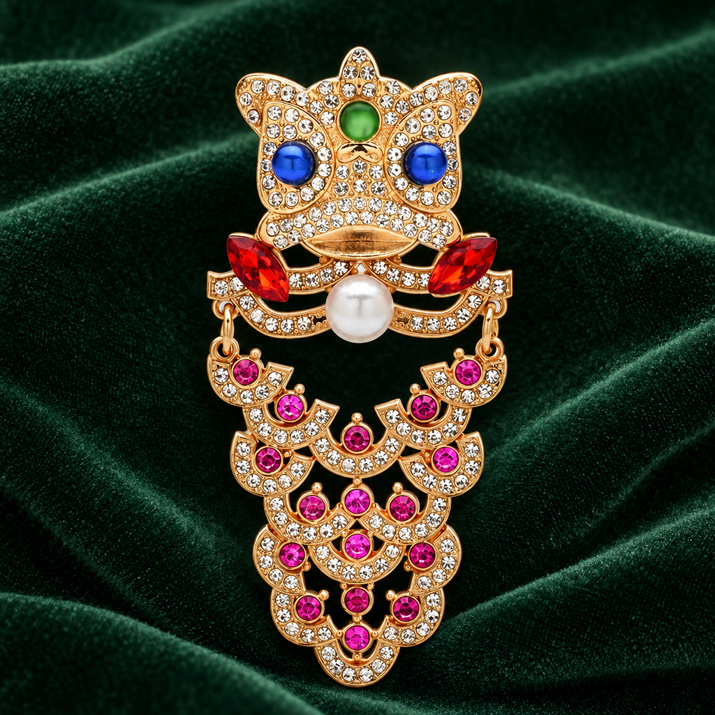 Jeweled Lion with Pearl-Look Accent Brooch — styled background