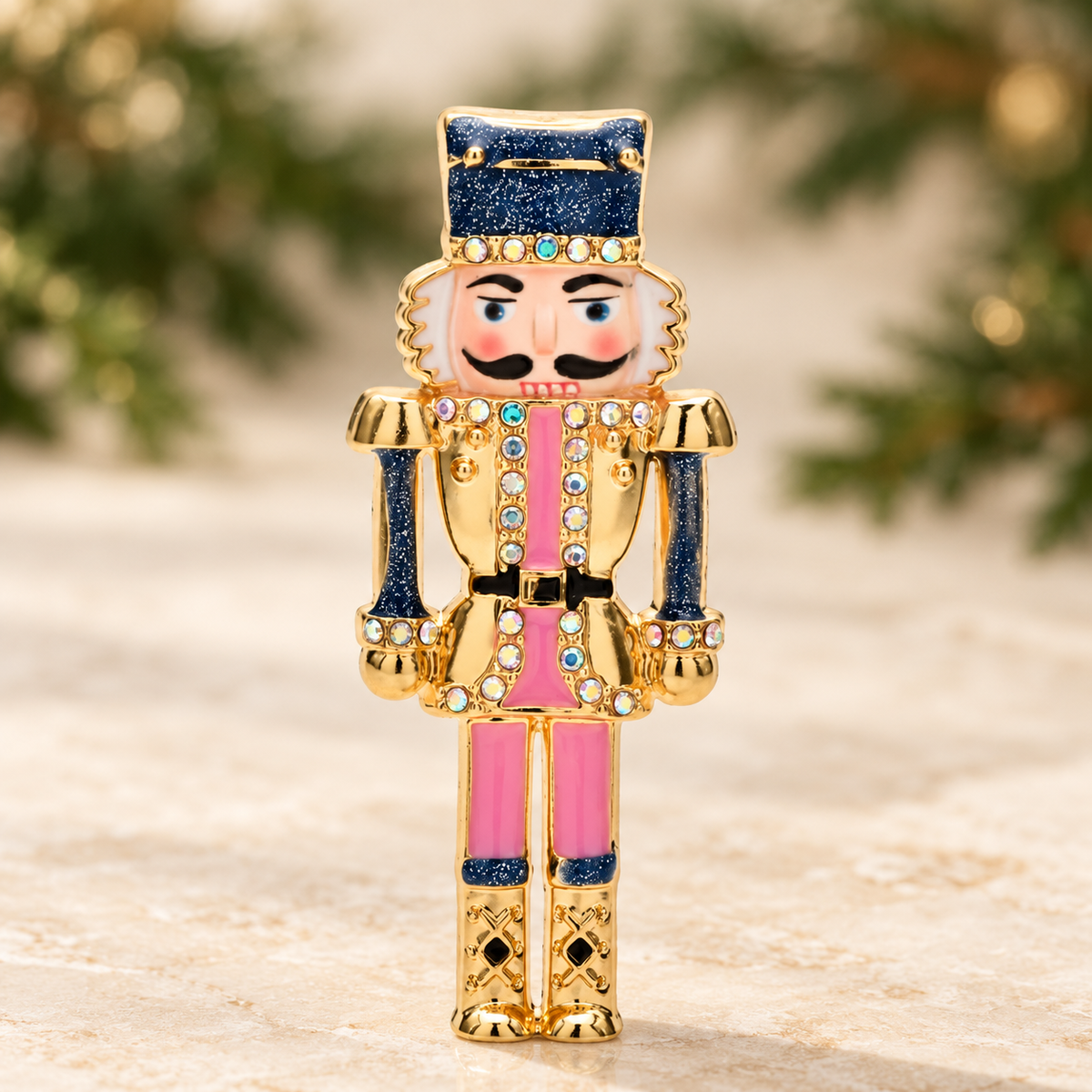 Pink Nutcracker Soldier Brooch — styled background