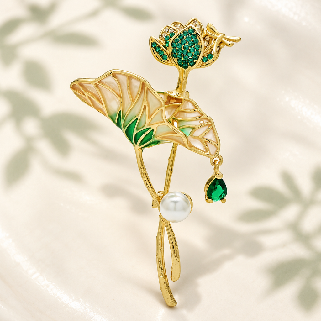 Golden Lotus with Pearl-Look Drops Brooch — styled background