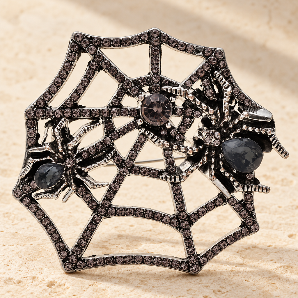 Spider on Rhinestone Web Brooch — styled background
