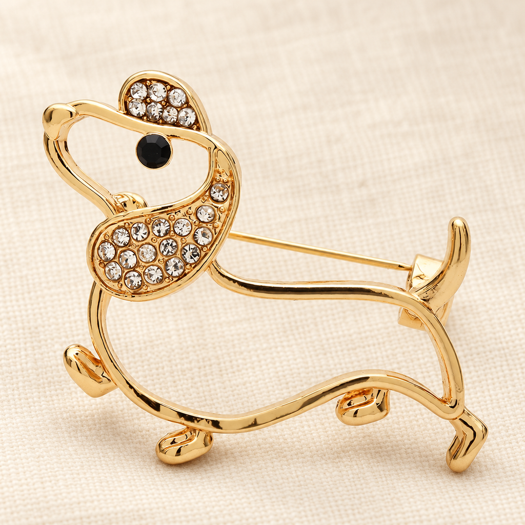 White Enamel Dachshund with Jeweled Scarf Brooch — styled background
