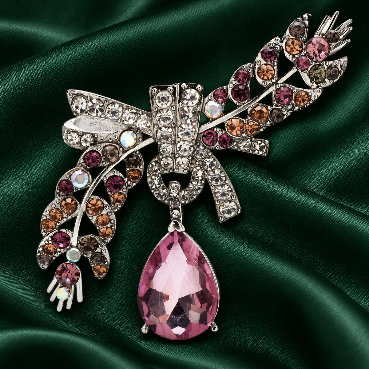 Jeweled Wheat Spray with Bow and Drop Brooch — styled background