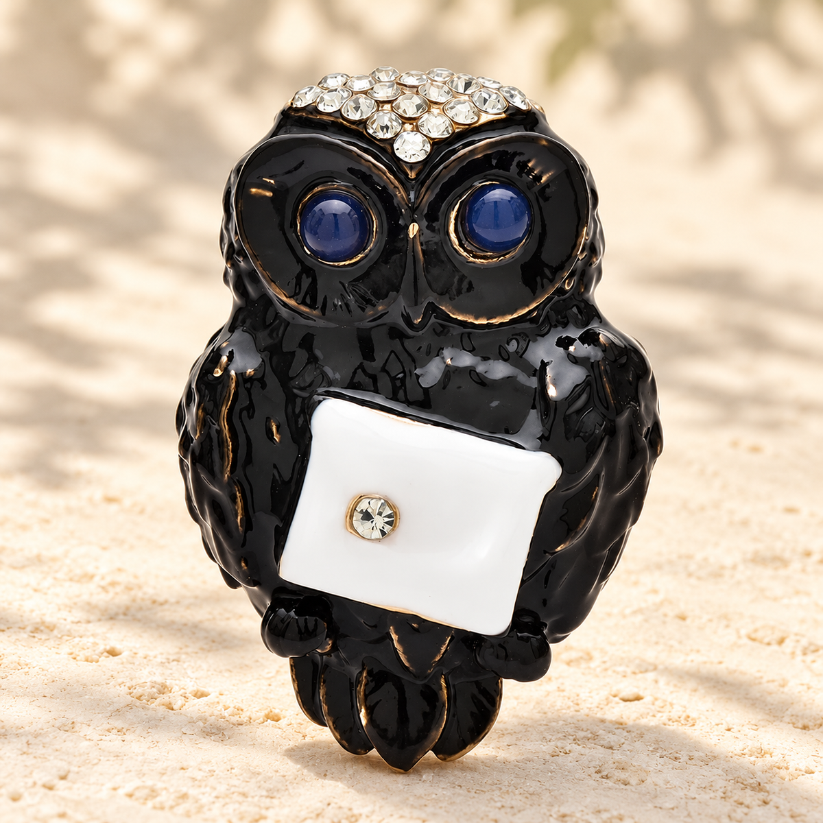 Enamel Owl with White Accent Brooch — styled background
