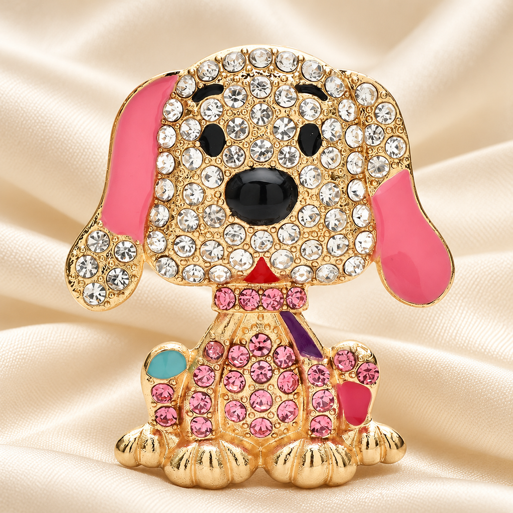 Jeweled Puppy with Enamel Ears Brooch — styled background