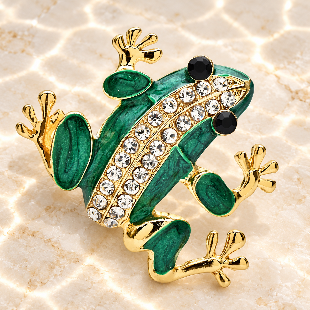 Green Enamel Frog with Rhinestone Stripe Brooch — styled background