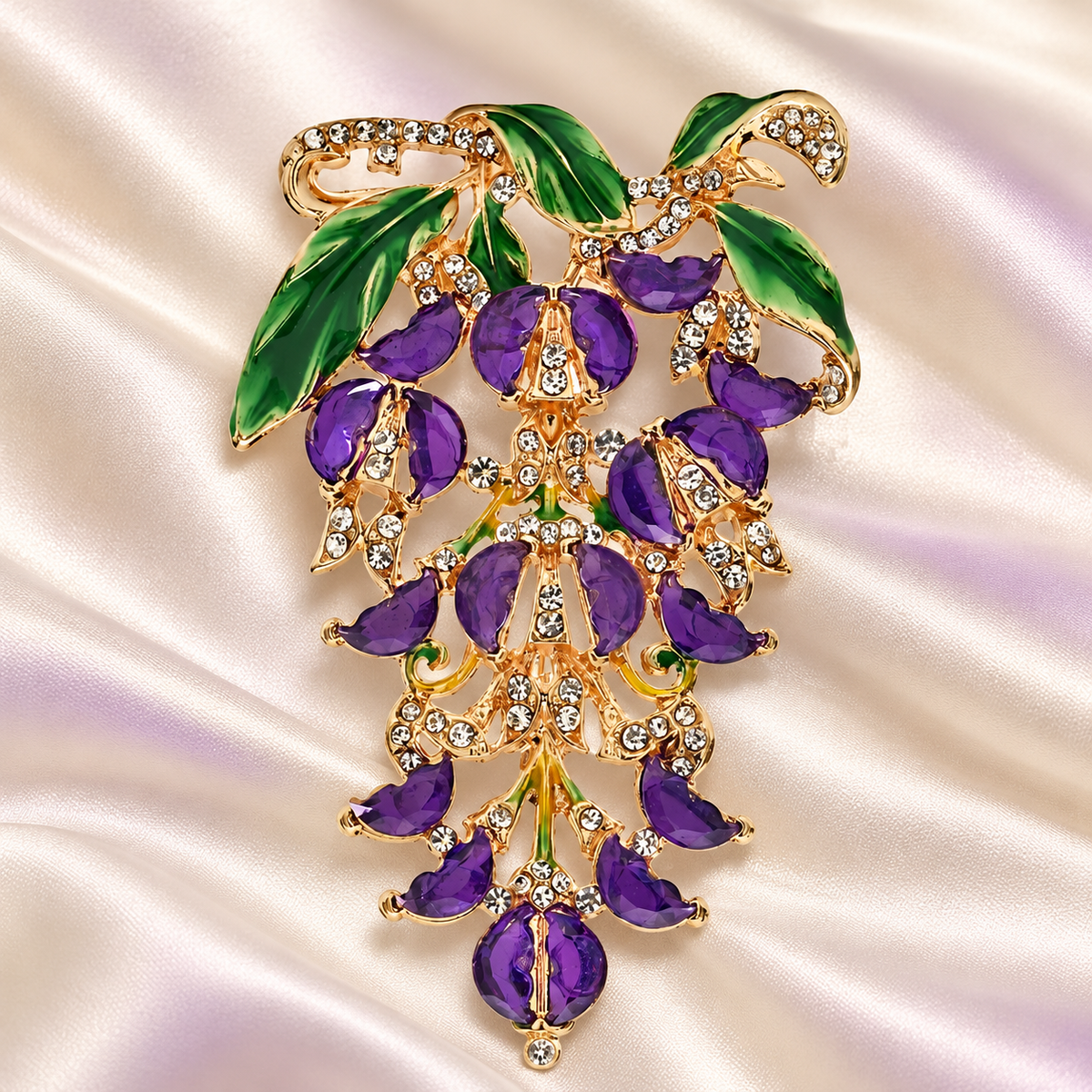 Jeweled Floral Spray with Hanging Petals Brooch — styled background