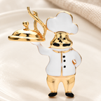 Enamel Chef Holding a Serving Tray Brooch — styled background