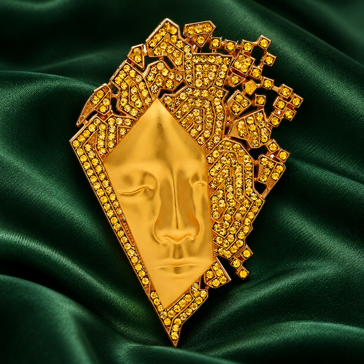 Geometric Jeweled Abstract Face Brooch — styled background