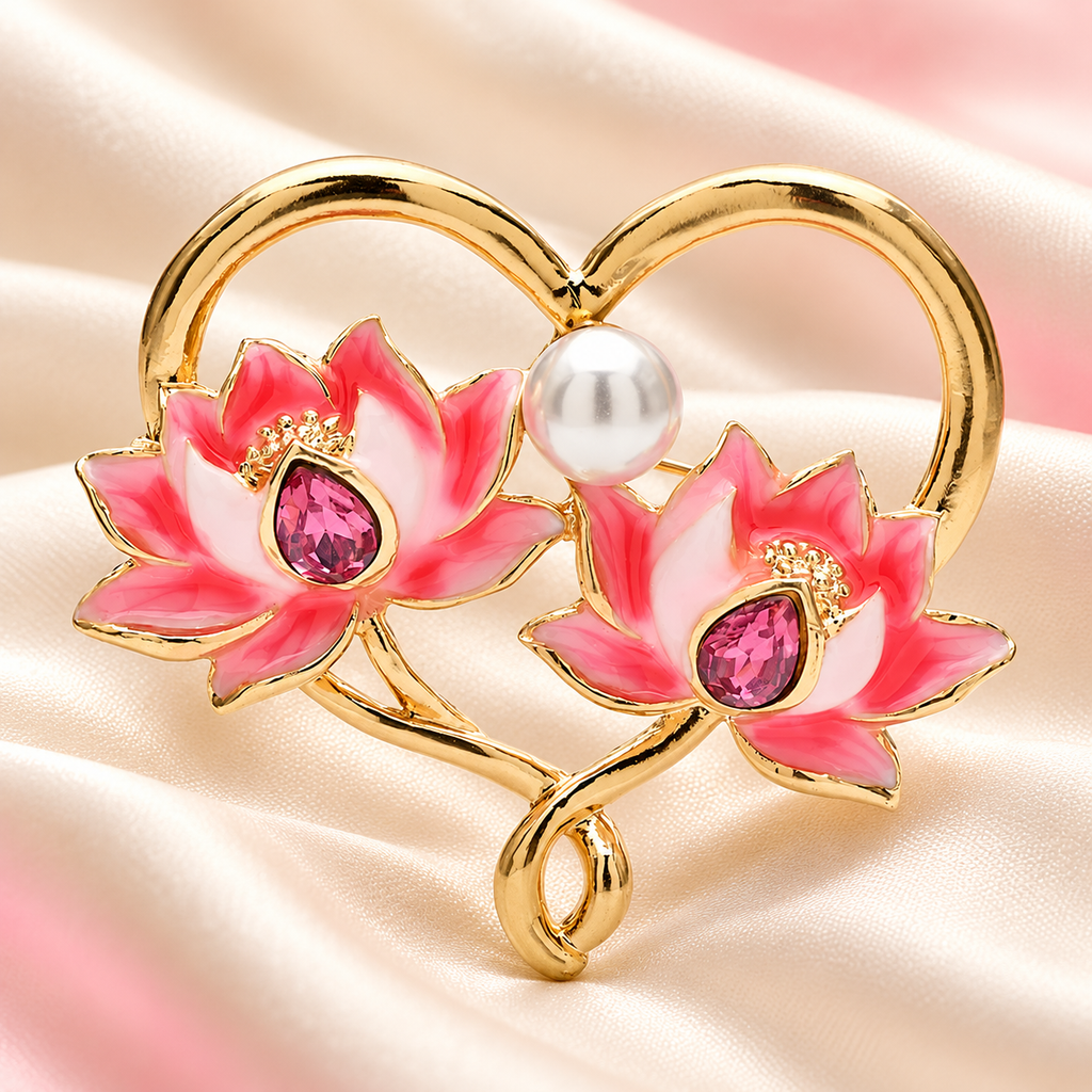 Pink Lotus Flowers in Golden Heart Brooch — styled background
