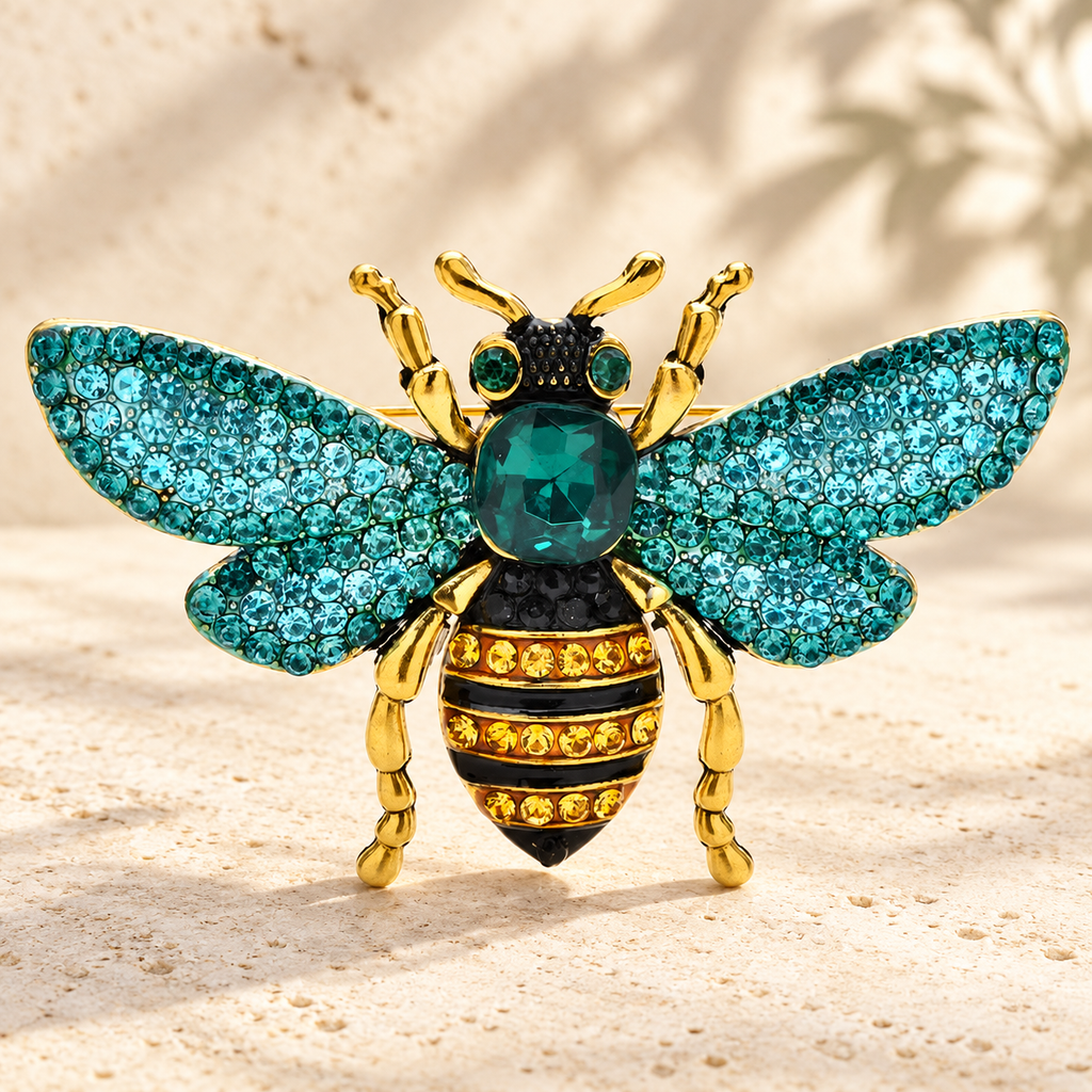 Rhinestone Bee with Spread Wings Brooch — styled background