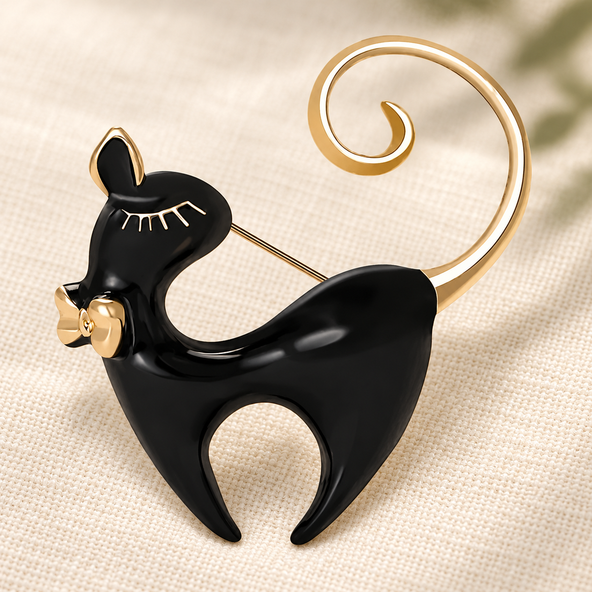 Enamel Cat with Curled Golden Tail Brooch — styled background