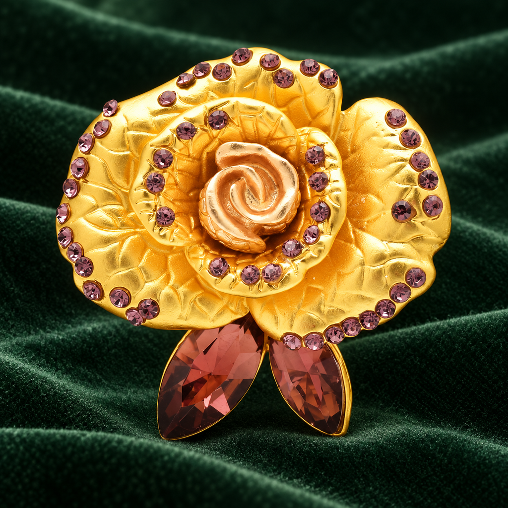 Layered Enamel Rose with Rhinestone Trim Brooch — styled background