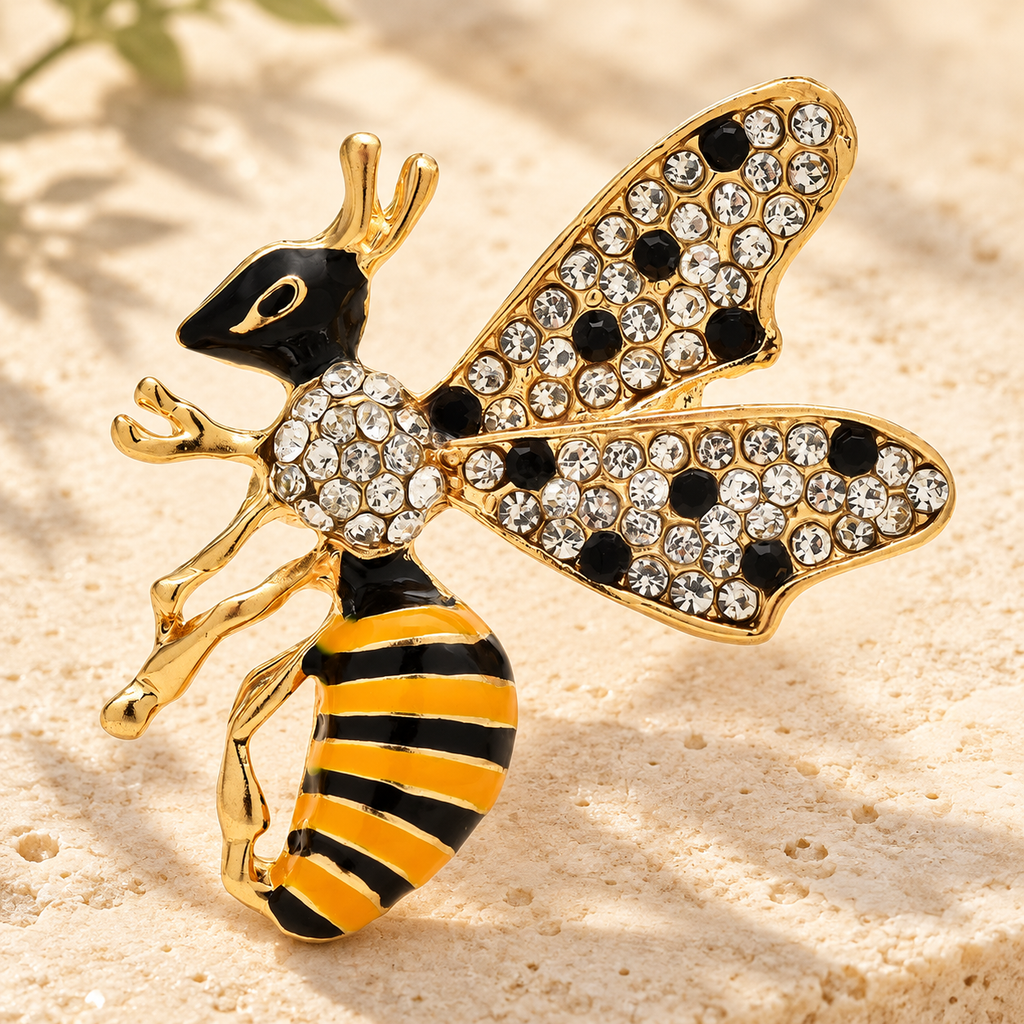 Striped Enamel Bee with Jeweled Wings Brooch — styled background