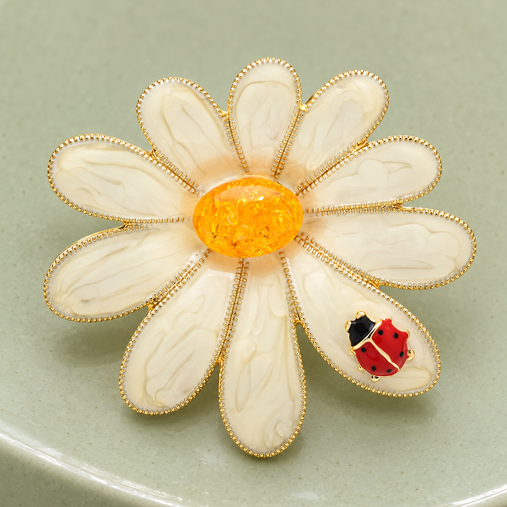 Daisy Flower with Little Ladybug Brooch — styled background