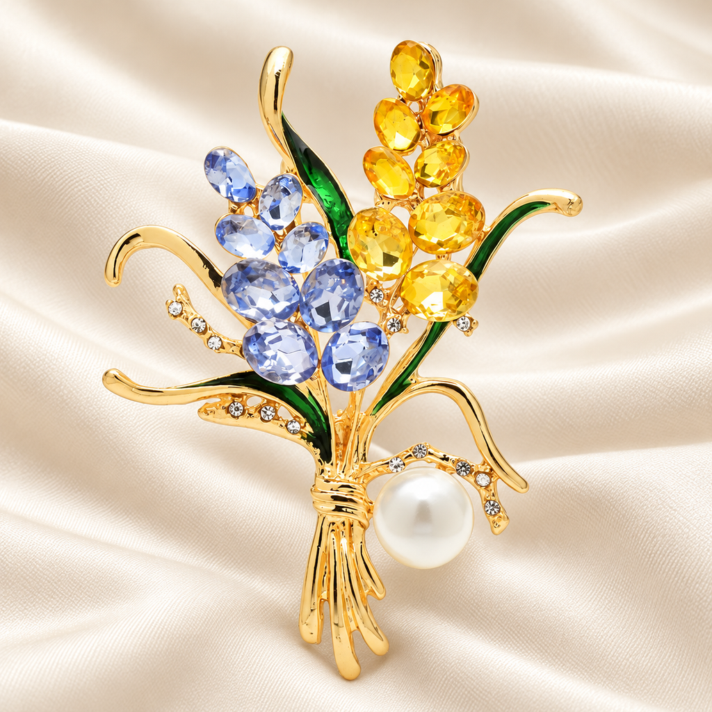 Jeweled Wheat Bouquet with Pearl-Look Drop Brooch — styled background