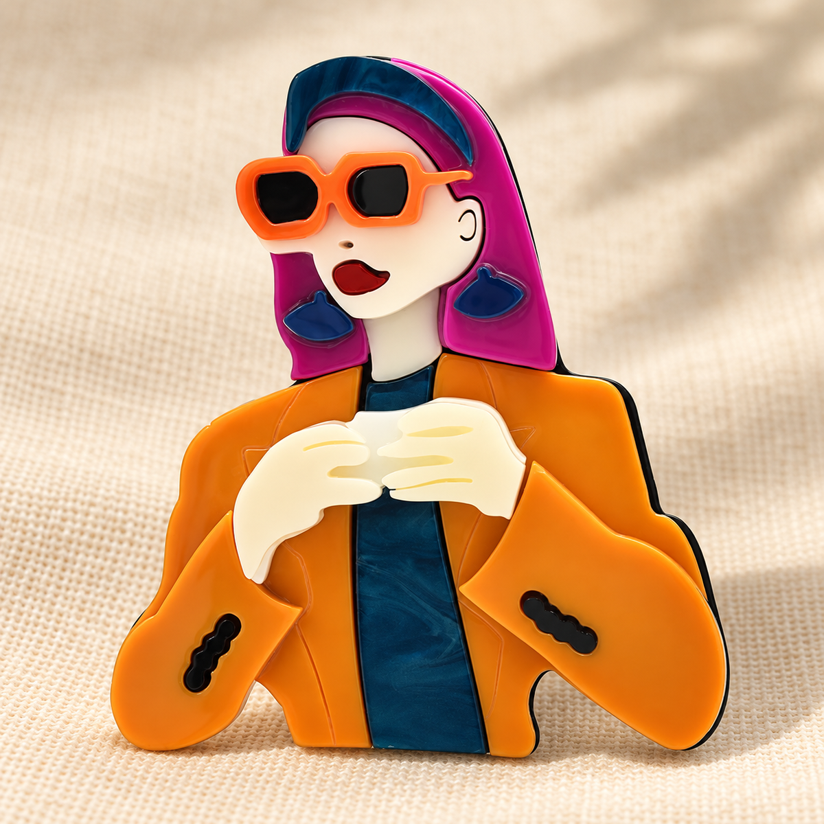 Fashion Lady in Sunglasses and Jacket Acrylic Brooch — styled background