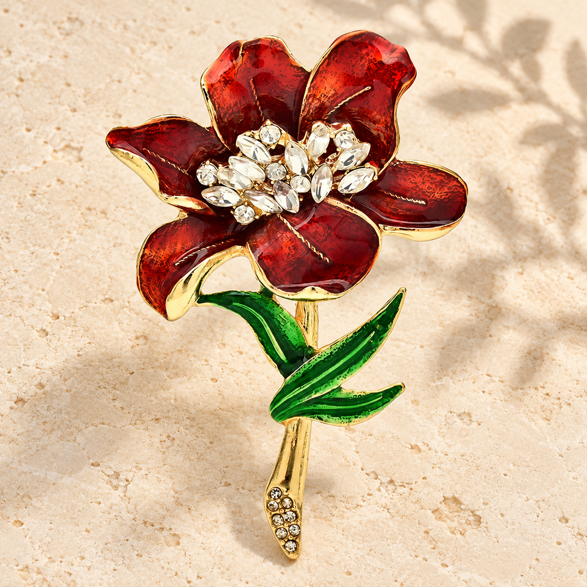 Large Enamel Flower with Jeweled Center Brooch — styled background