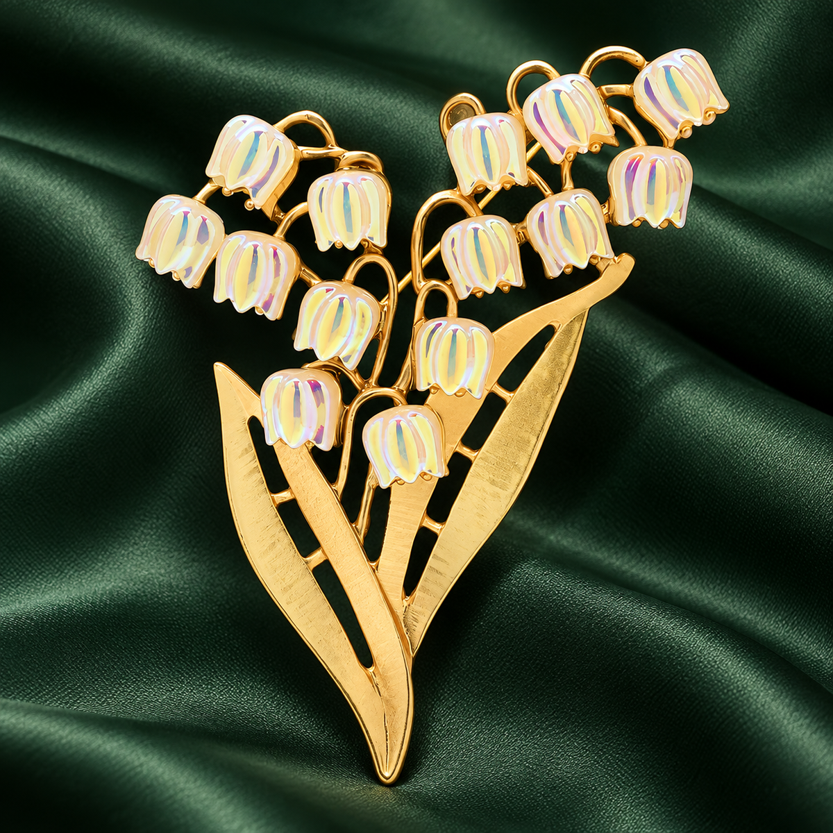 Lily of the Valley Bouquet with Golden Leaves Brooch — styled background
