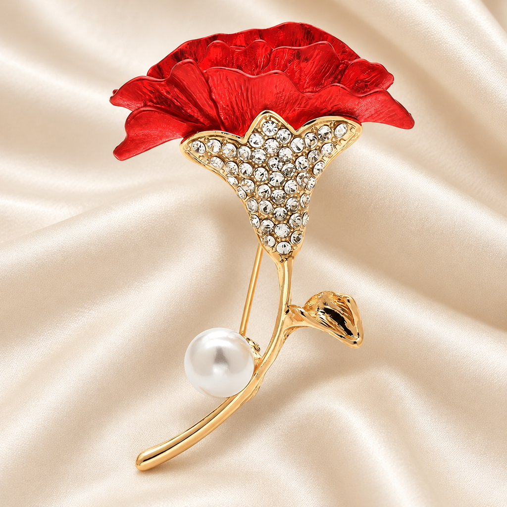Ruffled Enamel Flower with Pearl-Look Accent Brooch — styled background