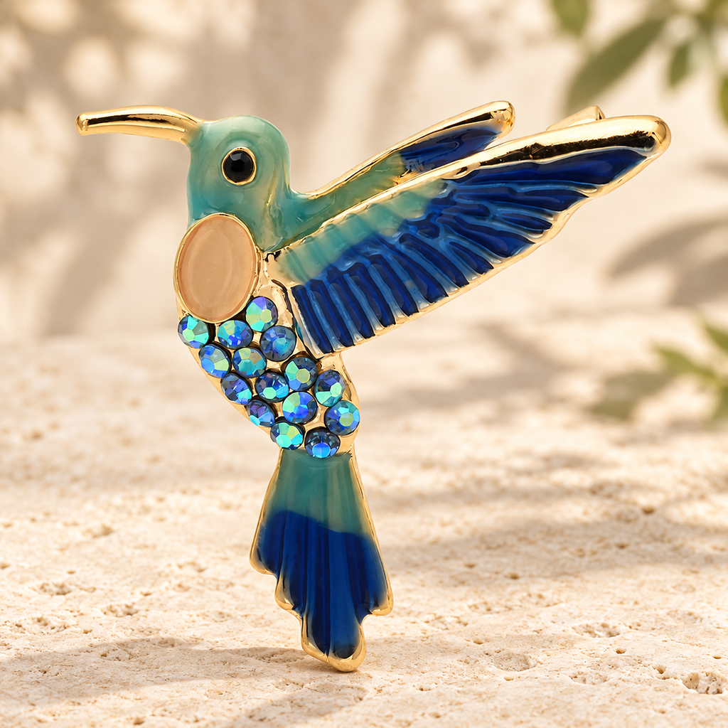 Flying Enamel Hummingbird with Rhinestones Brooch — styled background