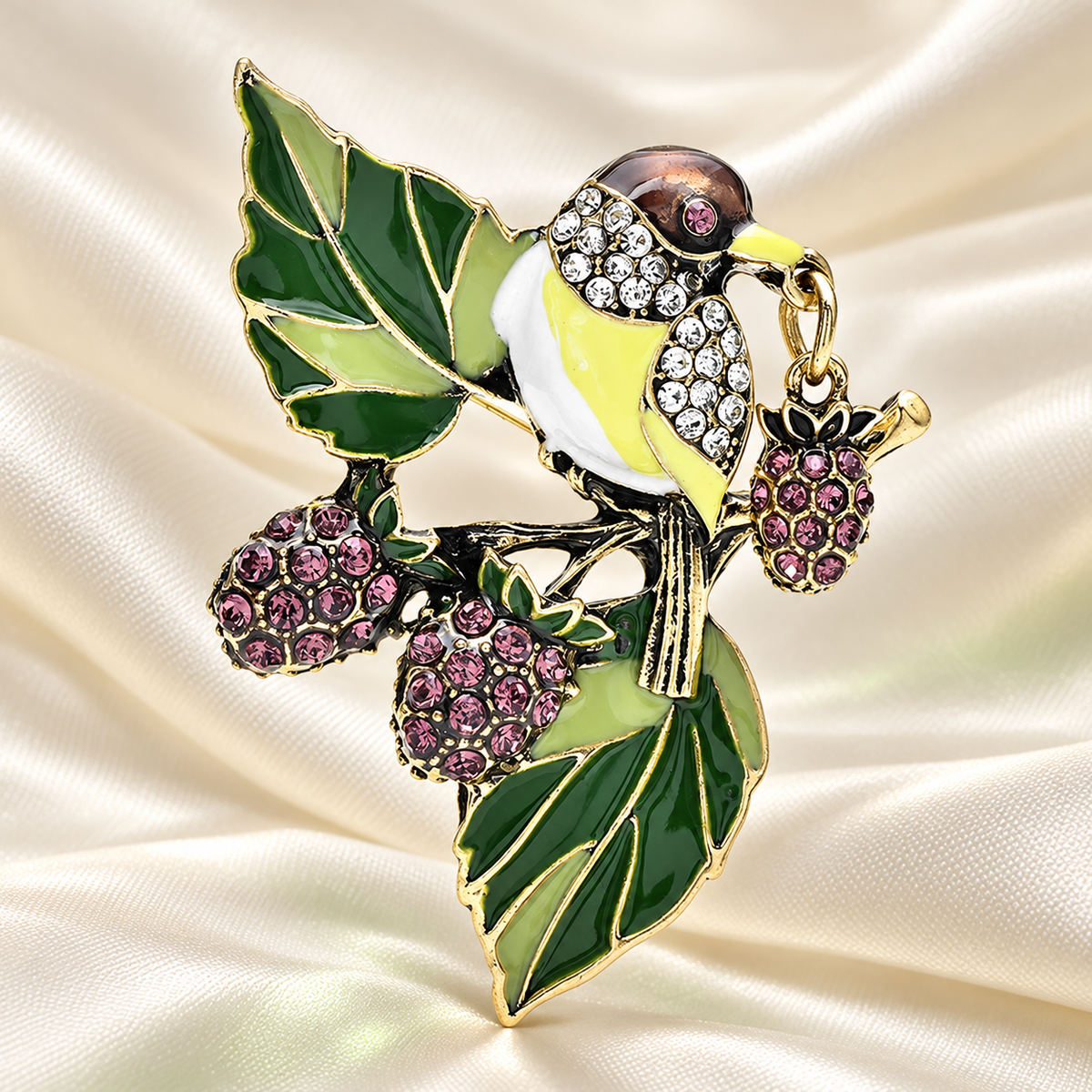 Jeweled Bird on Berry Branch Brooch — styled background