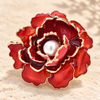 Enamel Peony with Pearl-Look Center Brooch — styled background