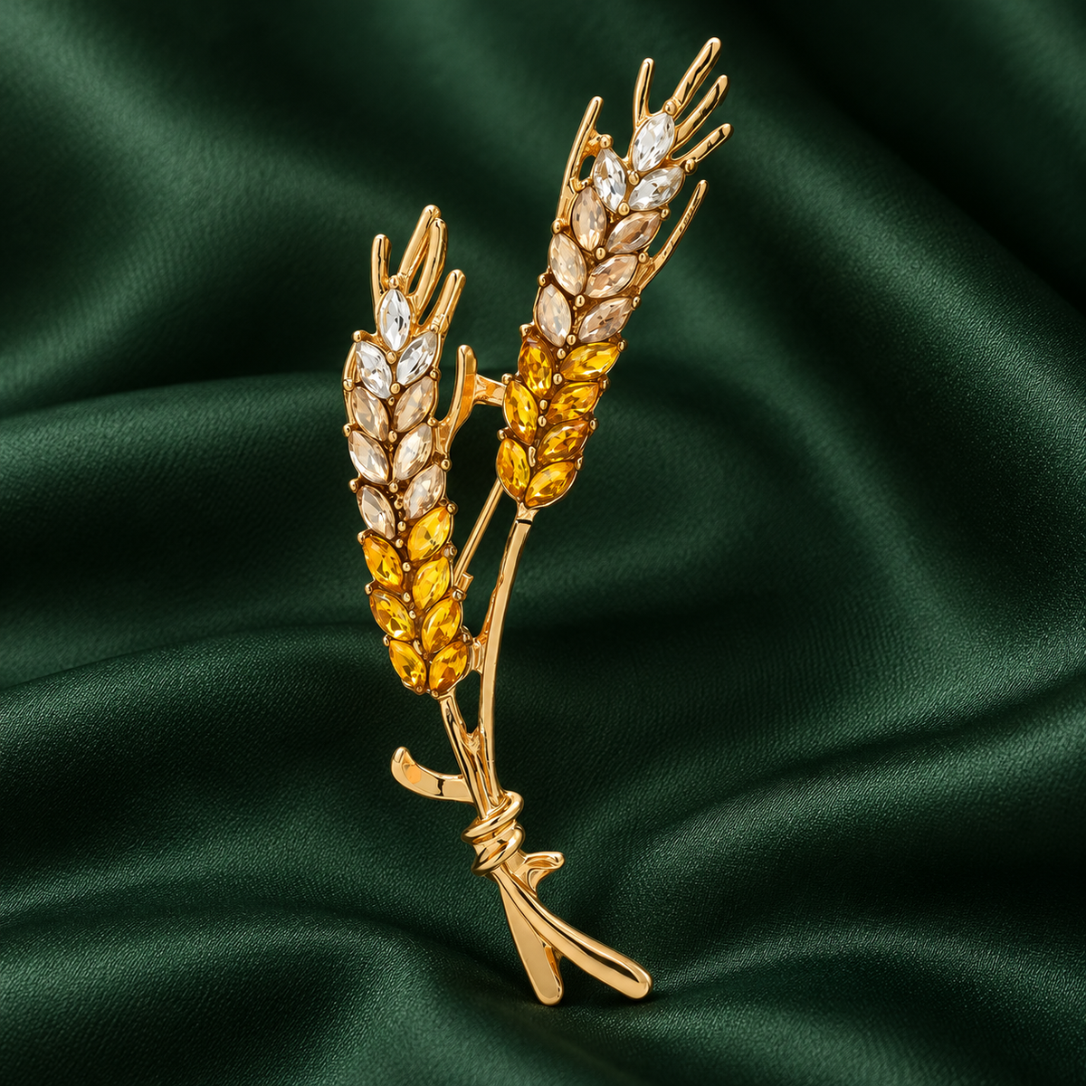 Jeweled Wheat Sprig Brooch — styled background