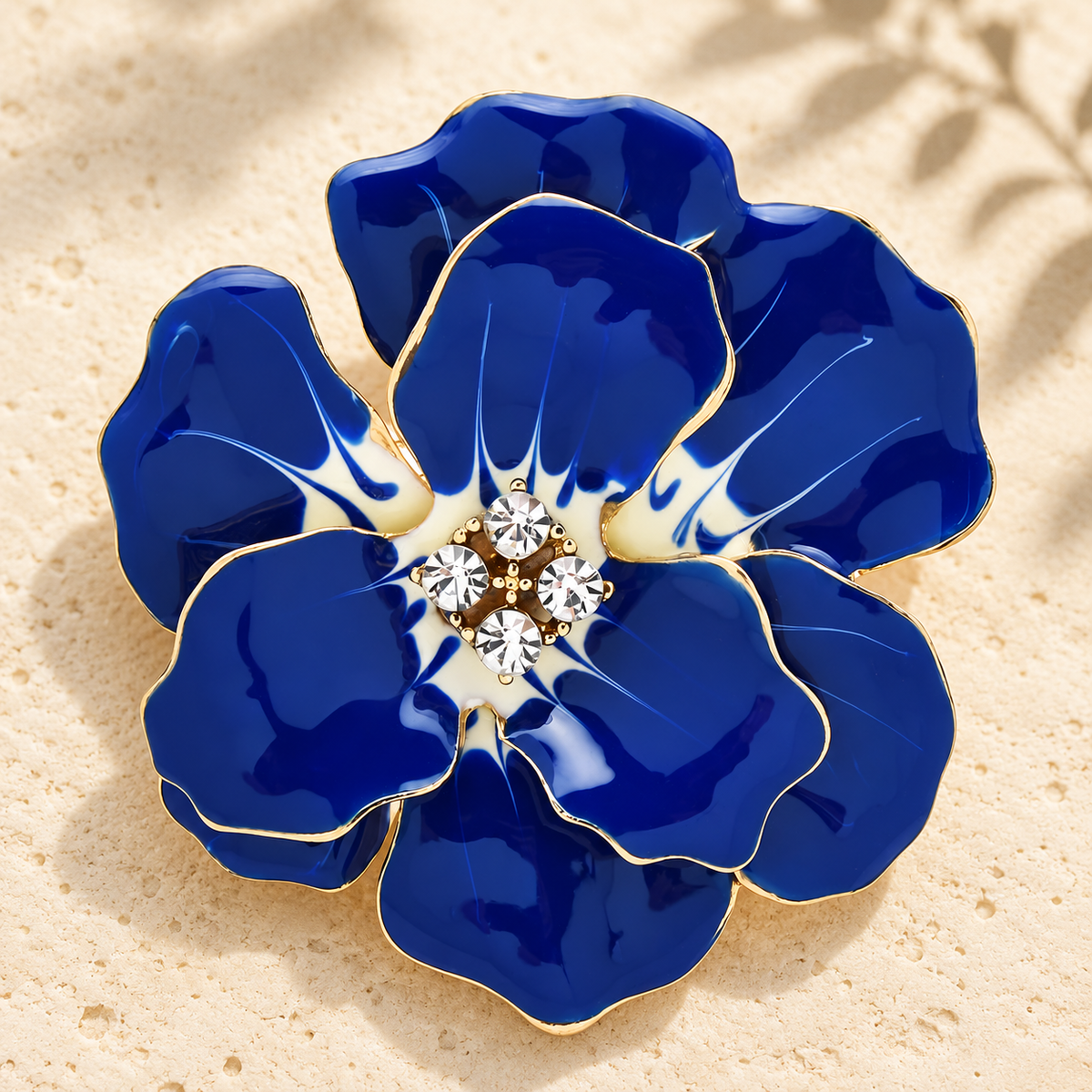 Large Enamel Blossom with Faceted Center Brooch — styled background