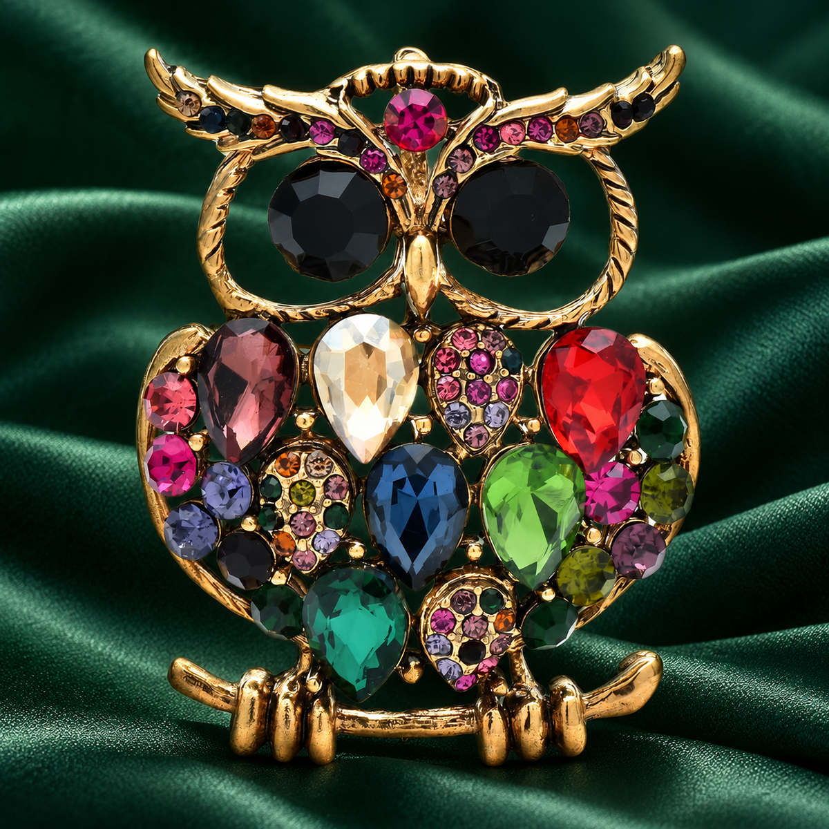 Jeweled Owl with Oversized Eyes Brooch — styled background