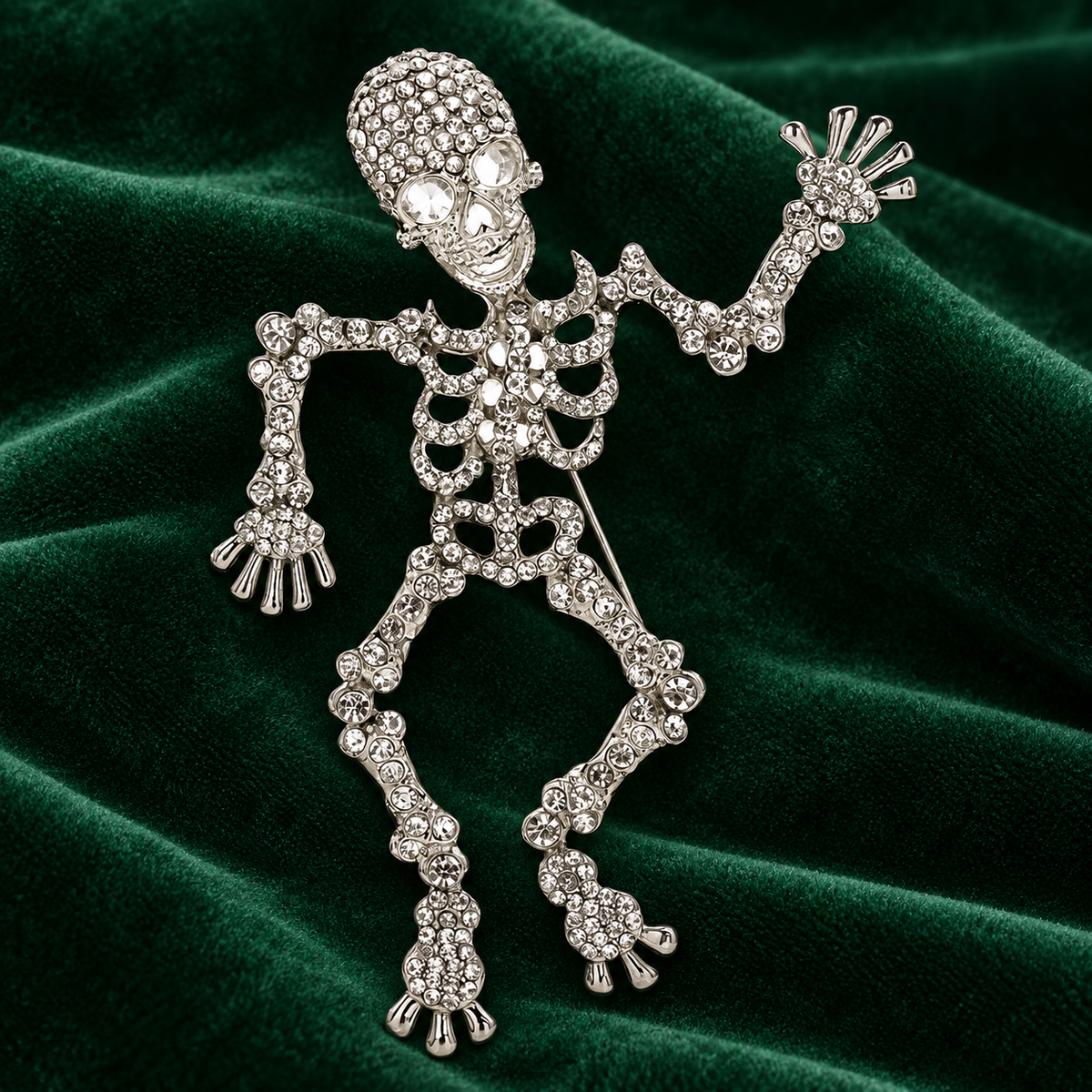 Dancing Rhinestone Skeleton Brooch — styled background