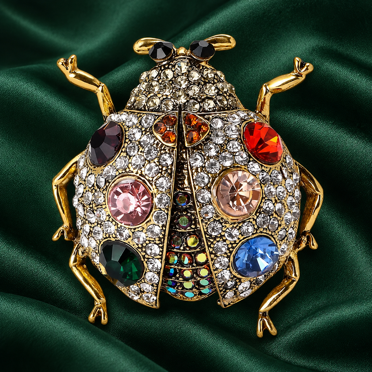 Jeweled Ladybug with Contrasting Spots Brooch — styled background