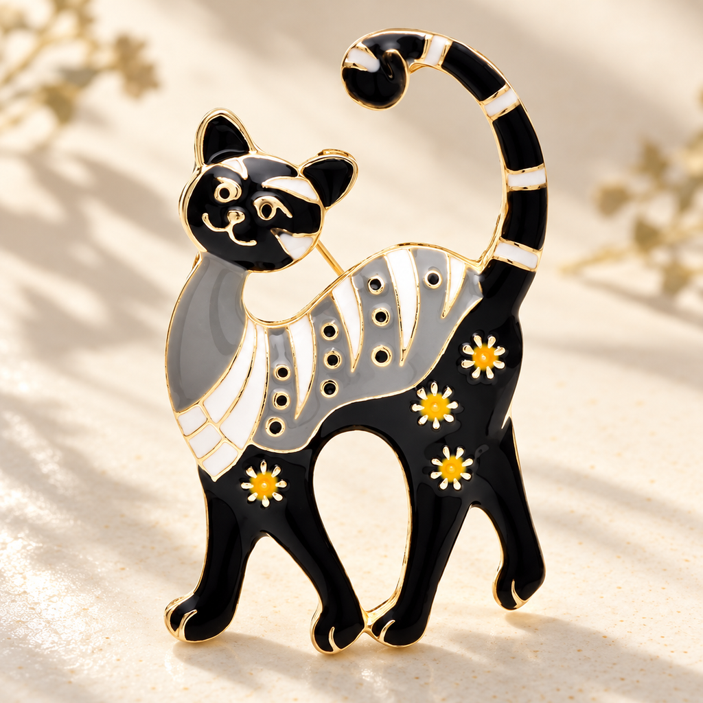 Enamel Cat with Floral Pattern Brooch — styled background