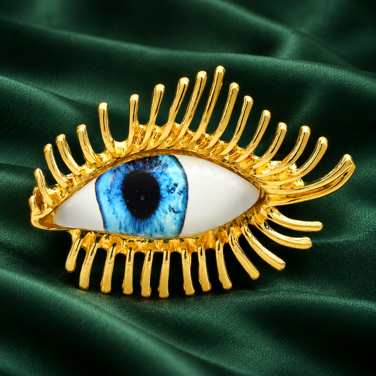 Blue Eye with Long Metal Lashes Brooch — styled background