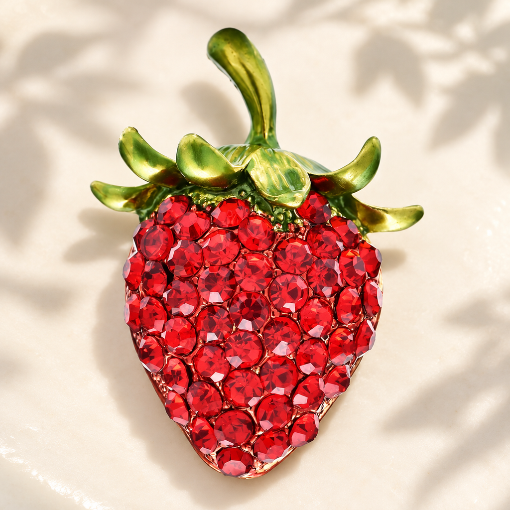 Red Rhinestone Strawberry with Enamel Leaves Brooch — styled background