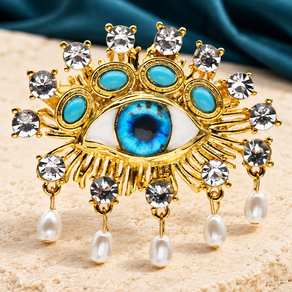 Jeweled Eye with Pearl-Look Drops Brooch — styled background