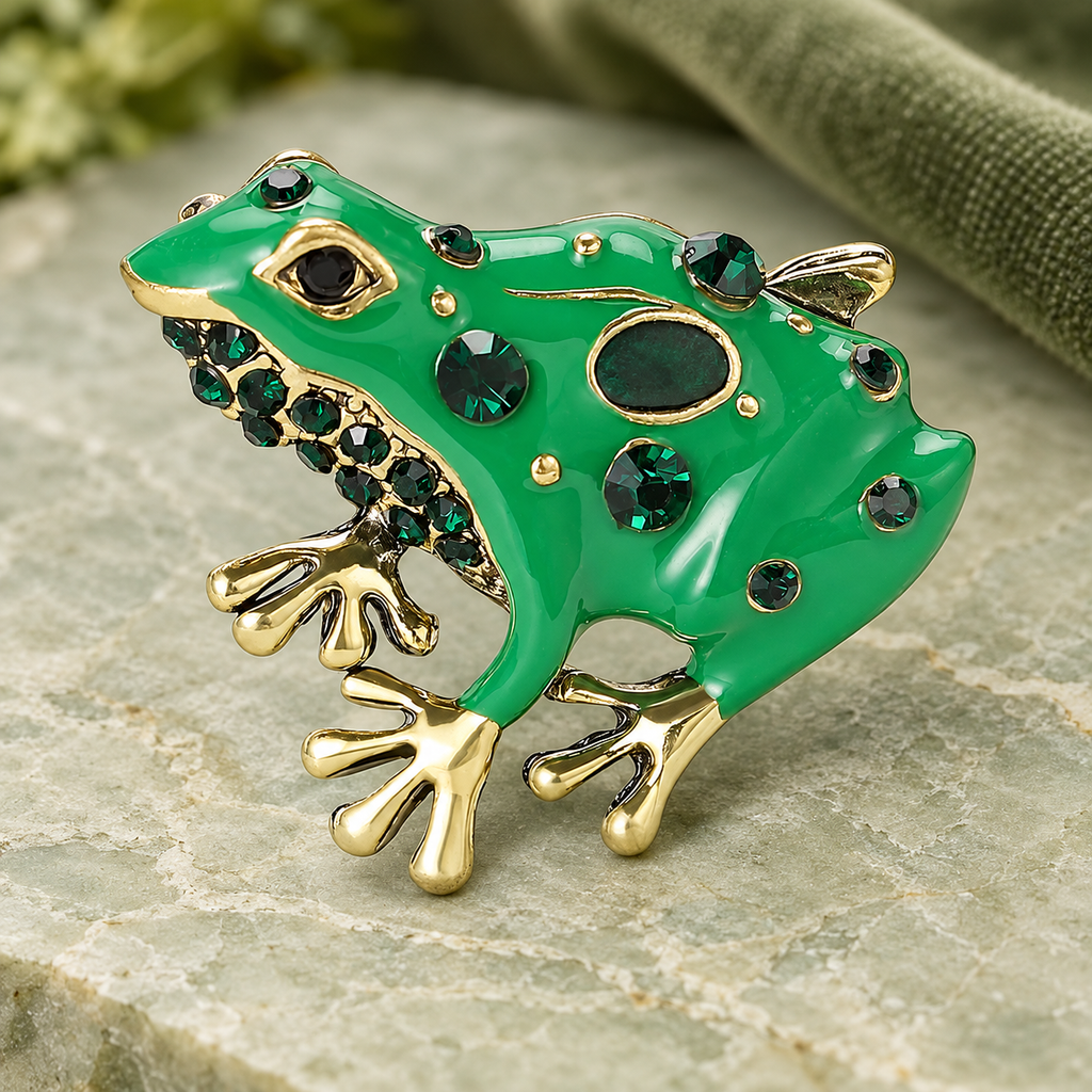 Green Enamel Frog with Dark Jeweled Spots Brooch — styled background