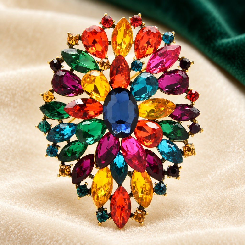 Radiant Faceted Stone Cluster Brooch — styled background